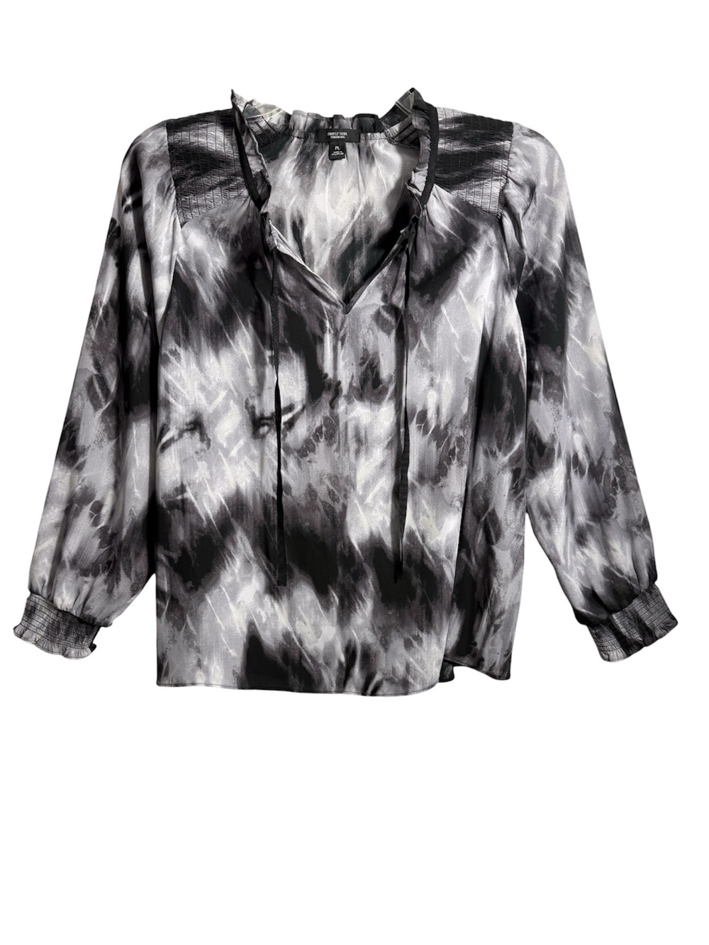 Simply Vera Vera Wang Petite Large Tie Neck Grunge Goth Abstract Smocked Blouse